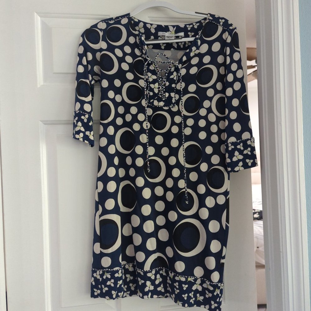 DVF blue and cream silk dress